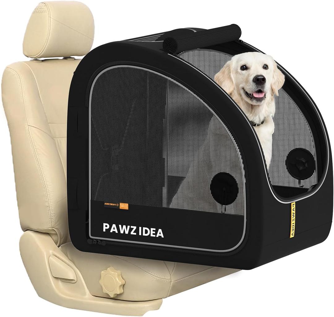 PAWZIDEA Portable Dog Crate for Car Travel, Collapsible Pet Travel Crates for Large Dogs, Enclosed Soft-Sided Car Kennel Carrier for Backseat, Secures w/Seatbelt & Headrest Strap, Chew-Proof
