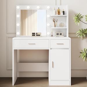 Lighted Makeup Vanity Desk, 35.4W x 15.7'D x 54H, White (with Lights and Mirror, Dimming Function, 2 Drawers and 1 Cabiniet, Open Shelves) by Boahaus