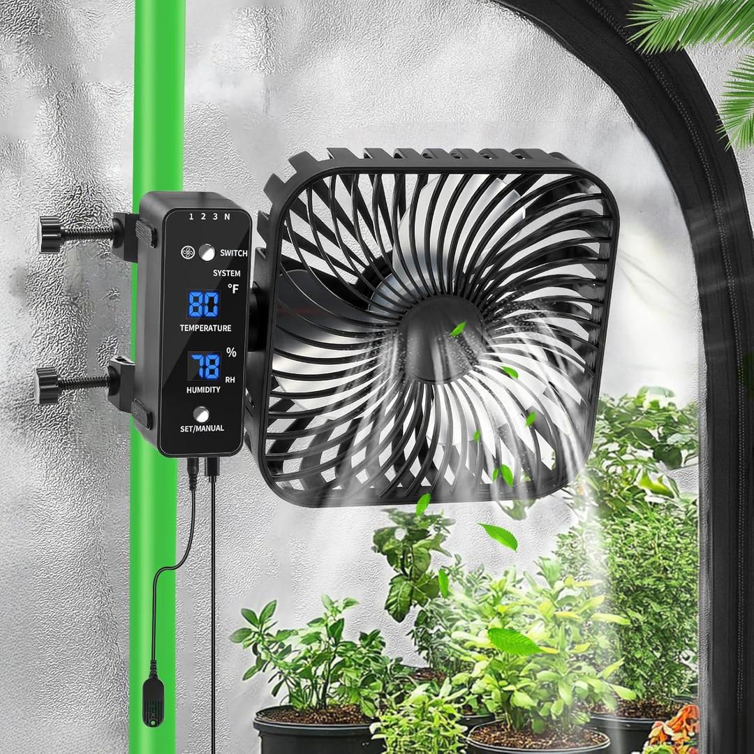 Grow Tent Fan 6, LCD Display with Sensor, Adjustable Temp & Humidity Control, 4-Speed, 90 Oscillating Fan, Strong Airflow for Indoor Growing, Mushroom Box, Desk Use