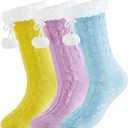 ramede Womens Fuzzy Slipper Socks with Gripper Winter Pastel Cozy Non Slip Winter Lined Warm Thick Soft Socks Gift (Yellow Purple Blue)