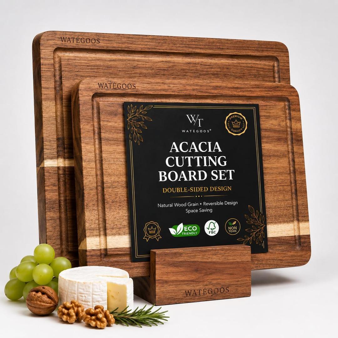 Acacia Wood Cutting Boards for Kitchen, Non-Toxic Cutting Board Set of 2, Chopping Boards with Deep Juice Groove for Meat, Cheese & Vegetables - Eco-Friendly & Medium & Small Sizes