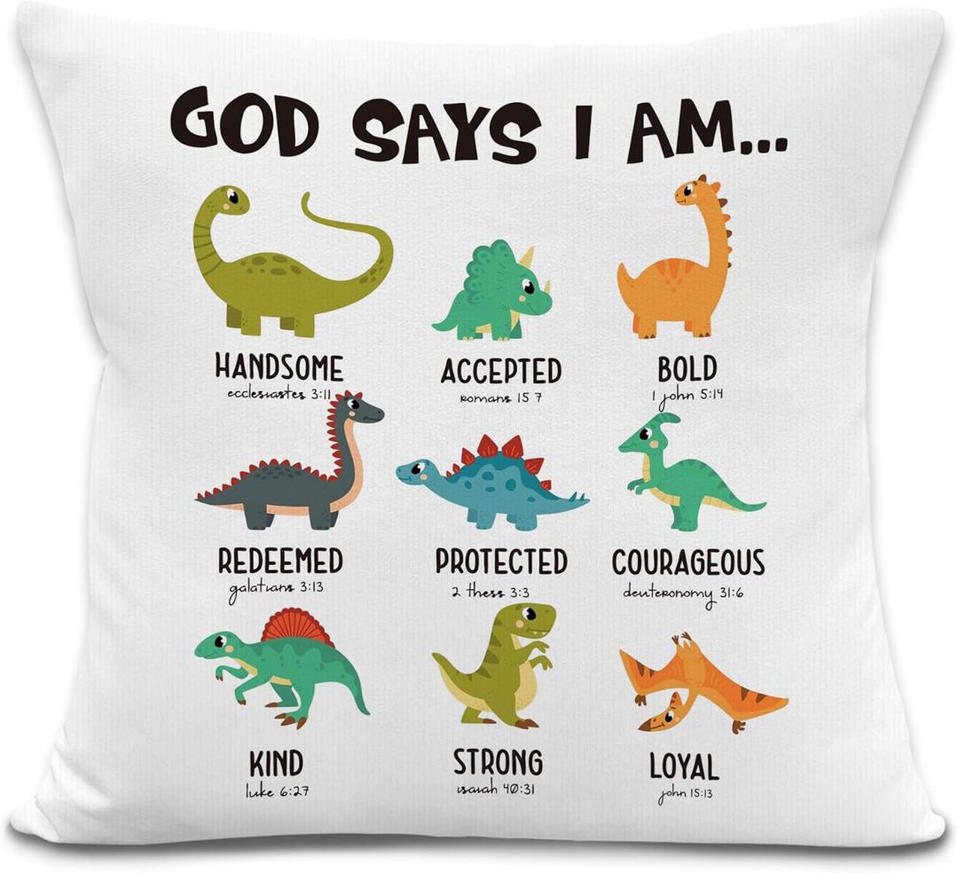 Dinosaur Christian Pillow Covers 18x18 Inches, God Says You Are Bible Verse Decorative Pillowcase Cases, Religious Gifts for Kid Throw Pillow Covers for Boys Room Playroom Nursery Church Decor