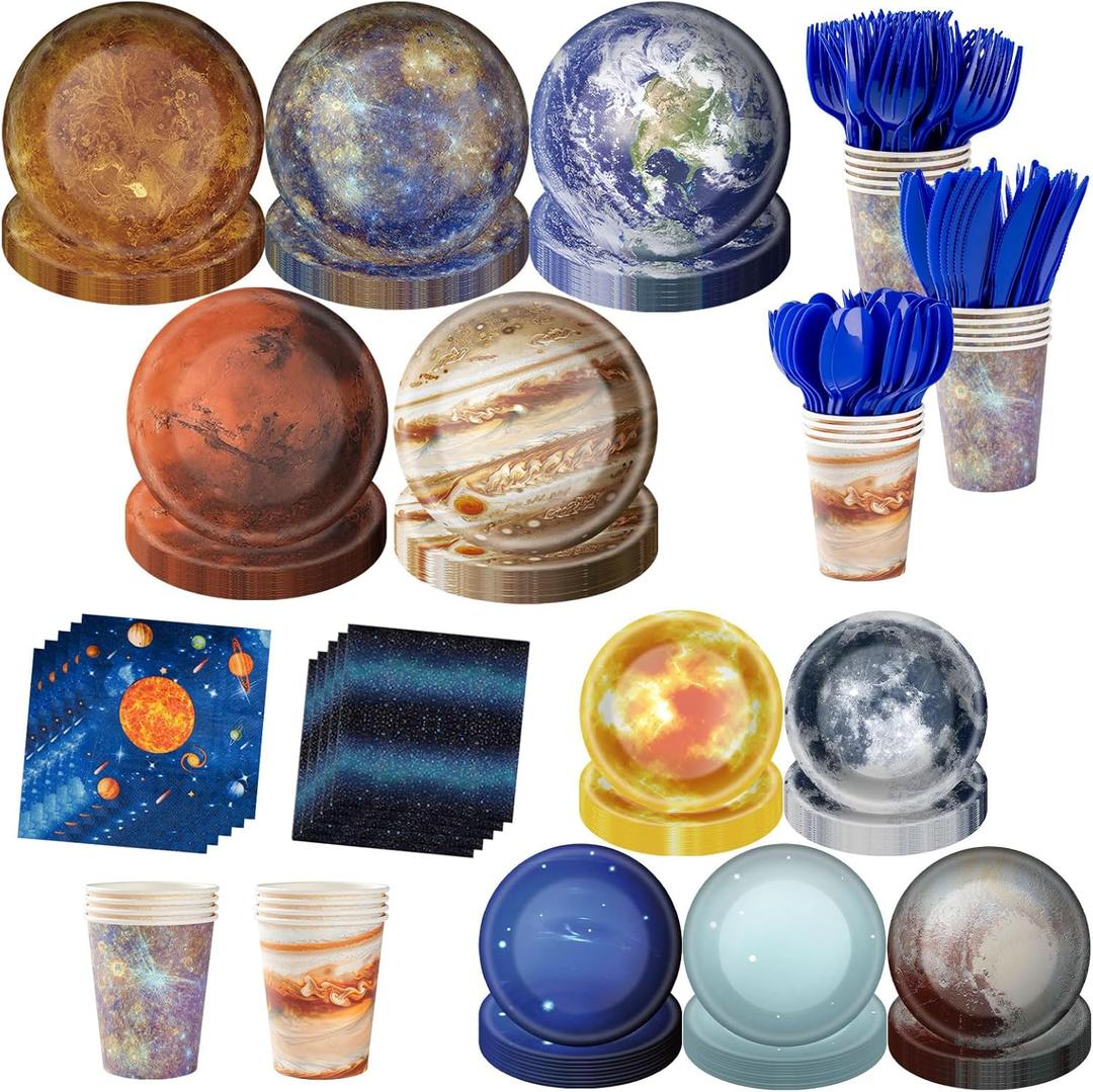 355pcs Space Birthday Decorations for 50 Guests Party Supplies Include Paper Plate, Napkin, Cup and Disposable Plastic Tableware