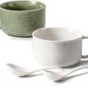 Microwave Soup Bowls with Handles: 38 Ounce Extra Large Ceramic Soup Mug with Handle & Spoon - Oversized Ramen Bowl Set of 2, 6 Inch, Green & White