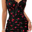 MakeMeChic Women's Cherry Print Ruffle Sleeve Dress Ruched Frill Trim Tie Front Bodycon Mini Dresses (Black)