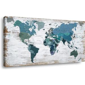 Teal Decor World Map Canvas Wall Art Pictures for Living Room Decoration Blue Wall Decor Office World Map Art Map of the world Picture Framed Artwork for Home Bedroom Decoration 20"x40"