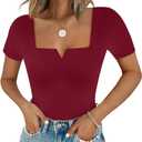 Chunpin Women's Short Sleeve Bodysuit Square Neck Notch V Neck Bodysuits Double Lined Tops Going Out Outfits Thong Bodysuits (X-Large)