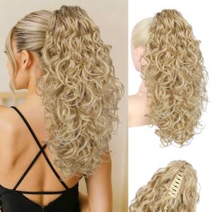 Flufymooz 100 Pure Protein Ponytail Extension, 18 Inch Curly Claw Clip Ponytail Hair Extensions Natural Soft pony tail hairpiece for women-Deep Blonde with Ash Blonde Highlights