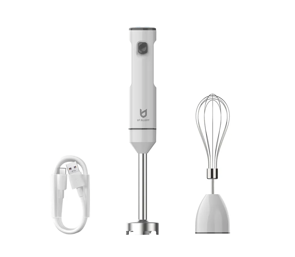 Cordless Hand Blender, UTALENT Variable Speed Immersion Blender handheld Rechargeable, with USB-C Charging Cable, Egg Whisk, for Smoothies, Milkshakes, Hummus and Soups – White