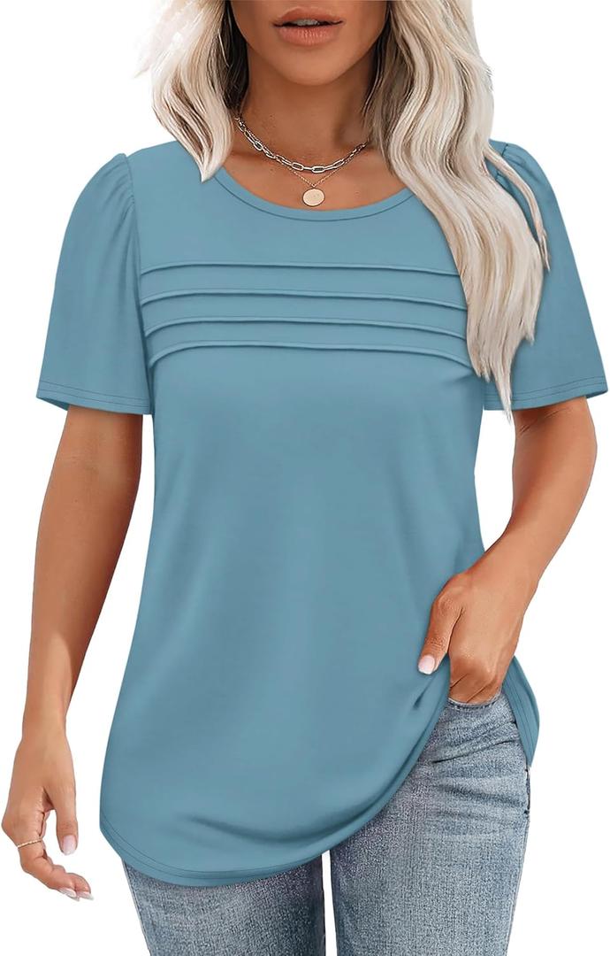 OFEEFAN Womens T Shirts Short Sleeve Tops Dressy Casual Blouses Spring Summer Outfits Flowy Pleated Front Scooped Neck (X-Large, Turquoise)