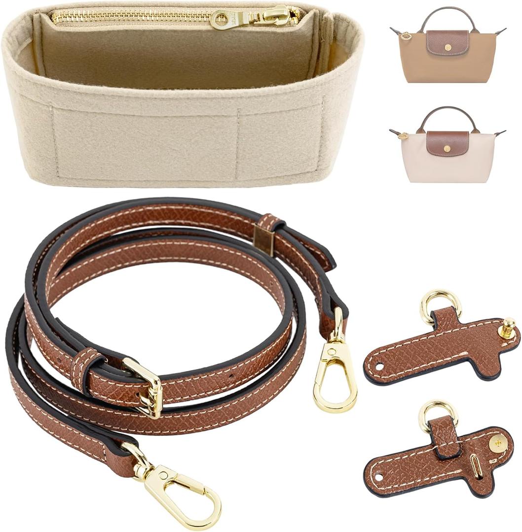 Mini Bag Organizer with Genuine Leather Crossbody Strap Conversion Kit, Compatible with Longchamp Mini Bag Inner Liner Insert + Strap Kit Set, Beige