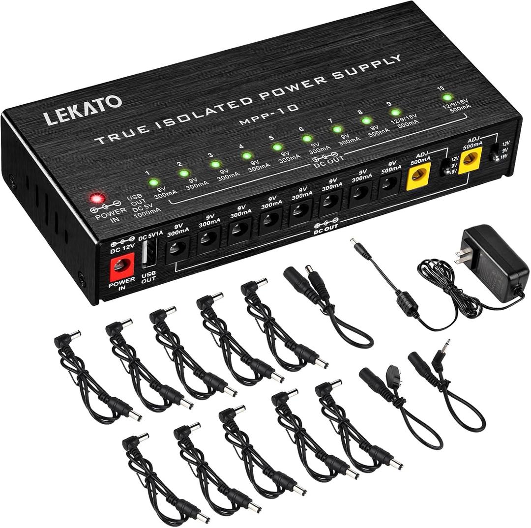 LEKATO Guitar Pedal Power Supply, True Isolated Pedal Power Supply with 10 Ports, USB Port, Short Circuit Protection, Guitar Pedal Power DC Output 9V 12V 18V for Effect Pedal