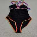 popvil One Piece Swimsuit Women 2025 Neon Color Block Contrast Cross Strap Bathing Suit Modest Cute Swim Suits (Small, Black)