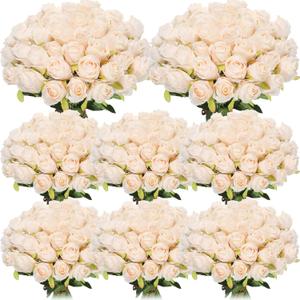 Hotop 80 Pcs Rose Artificial Flowers Bulk with Long Stem, Silk Roses Realistic Fake Flowers Bouquet for Wedding Table Centerpieces Bridal Shower Party Home Decorations(Beige)