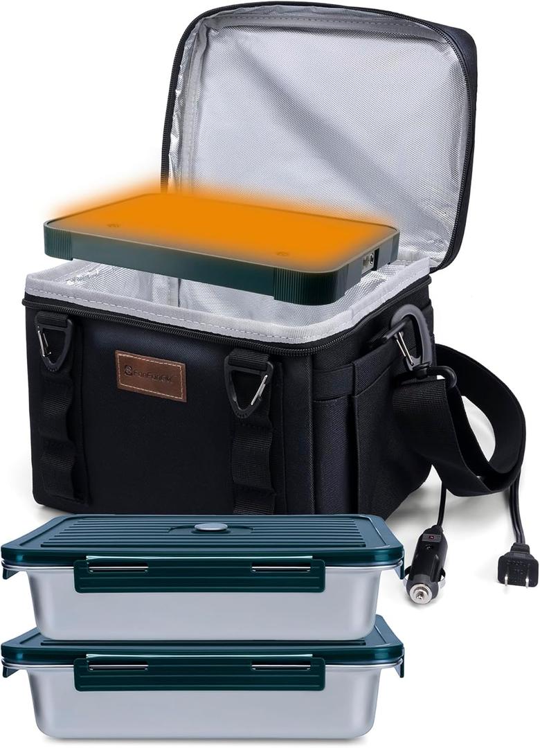 Portable Oven Food Warmer, 12V/24V/110V Electric Lunch Box Food Heater - Mini Personal Microwave Heated Lunch Box for for Truck, Car,Travel, Work & Home Use (2 plates+Heating base+bag)