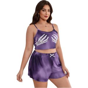 Floerns Women's Plus Size 2 Piece Halloween Tie Dye Pajama Sets Skeleton Print Tops and Shorts Set (X-Large Plus, Dark Purple)