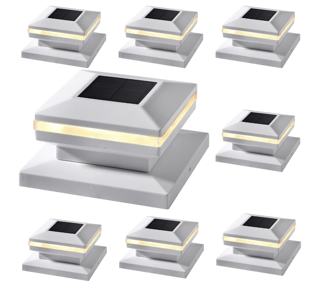 Dynaming 8 Pack Solar Post Lights, Outdoor Decorative Post Cap Light, Solar Powered White Shell Caps, High Brightness Warm White SMD LED Lighting for Fence Deck Patio, Fit 4x4, 5x5 or 6x6 Wooden Post