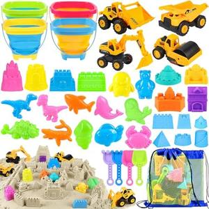 FHOZGECY Beach Toys, 40Pcs Sand Toys with 4 Beach Construction Vehicles, 4 Collapsible Beach Bucket, Sand Castle Building Kit, Sand Molds, Shovel Set, Mesh Bag, Summer Outdoor Toys for Kids Ages 4-8