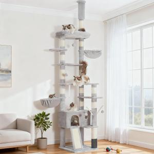 Hey-brother Cat Tree, 98.4-110.2 Inches Floor to Ceiling Cat Tree-Adjustable Height, Tall Cat Climbing Tower for Cats Large Adult with Scratching Post, Cat cando, Light Gray 0MPJ091W