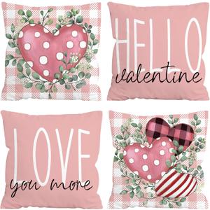 Valentines Day Throw Pillow Covers, Hello Valentine Love You More Eucalyptus Leaves 16 x 16 Inch Buffalo Plaid Polka Dot Stripes Love Hearts Cushion Case Decoration for Sofa Couch Set of 4 Pink