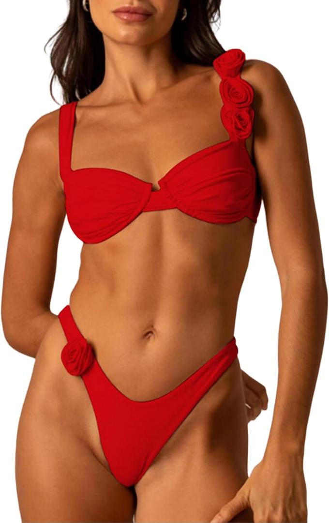Women's 2 Piece Rose Floral Appliques Bikini Set Elegant Ruched Underwire Swimsuit High Cut Bathing Suit (Red, XS)