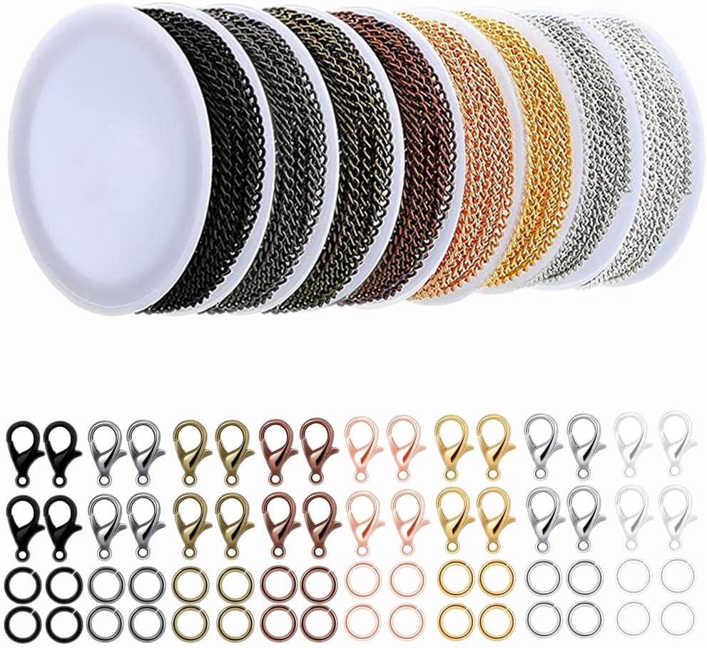 80ft Jewelry Making Kit - 8 Color Stainless Steel Curb Chain, 240 Jump Rings & 80 Lobster Clasps for DIY Bracelet, Earring & Necklace Crafts (2*3 mm)
