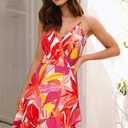 ULTRANICE Summer Dress Womens Spring 2025 Trendy Casual Wrap Flowy V Neck Adjustable Spaghetti Outfits Clothes Midi Sun Dresses(Colorful Banana Leaf,M) (Pink, M)