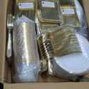 FOCUSLINE 600 Ct Gold Dinnerware Set for 100 Guests - Gold Rimmed Disposable Plastic Plates, Includes 100 Dinner & Salad Plates, Cups, Cutlery Set for Wedding Parties