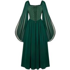 Scarlet Darkness Renaissance Costume Women Pirate Dresses Split Bell Sleeve Medieval Ren Faire Dress with Pockets L