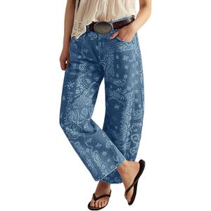 loveimgs Women Boyfriend Baggy Barrel Jeans Floral Print Denim Ankle Pants Wide Leg Mid Rise Jeans Sweatpants Y2k Patchwork, L