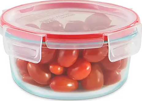 Pyrex Freshlock 4 Cup Round Food Storage Container: Glass Container with Lid, Oven & Microwave Safe, Clear/Red