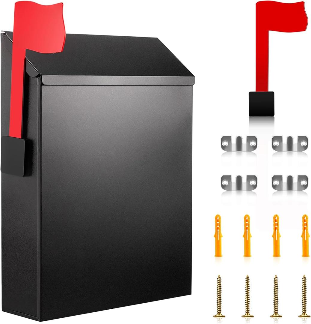 Tandefio Wall Mount Mailbox for Outside, Large Capacity Rust-Proof Mail Box with Stay-Open Lid & Red Flag Reflective Sticker Keys Kit, Post Box for House Outside, 11.4"x8.7"x2.6", Black