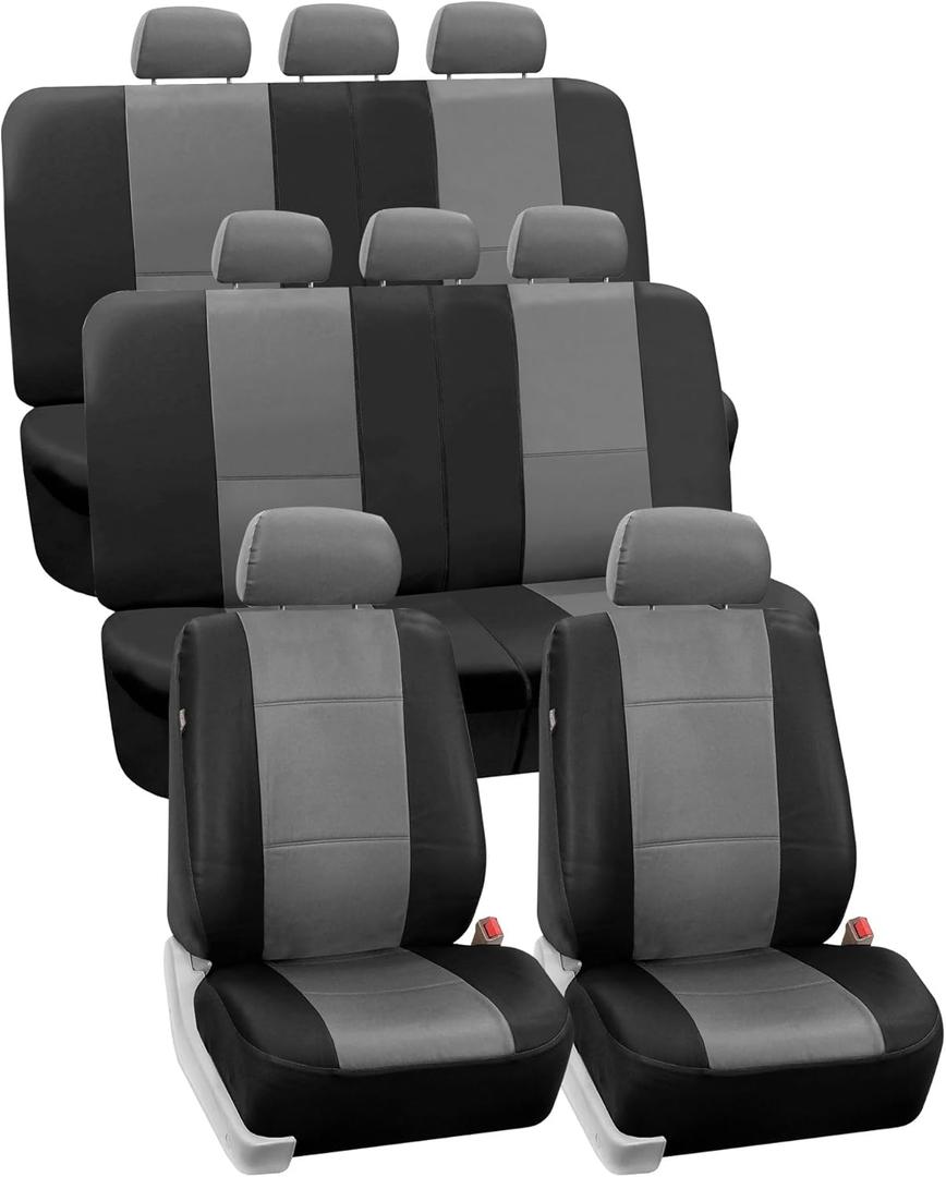 FH Group Car Seat Covers PU Leather 3 Row 8 Seater Car Seat Covers, Airbag Compatible and Split Bench - Fit Most Car, Truck, SUV, & Van Black/Gray (Grey)