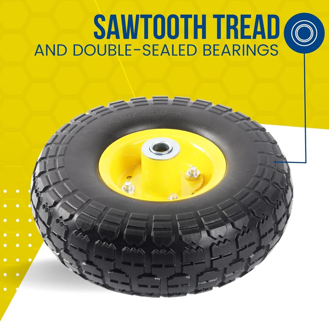 10-Inch Solid Tire Wheels - Replacement 4.10/3.50-4" Flat Free Tires and Wheels with 5/8" Axle Bore Hole Bearings, 2.17" Offset Hub -Perfect for Hand Truck, Wheelbarrow, Gorilla Carts (Yellow)