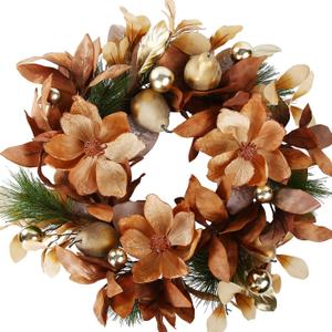 BINFEN 24" Winter Wreaths for Front Door, Gold-Brown Leaves Balls Pears Magnolia Flowers Christmas Wreath, Door Reef for Windows Fireplaces Walls, Front Porch Indoor and Outdoor Decor
