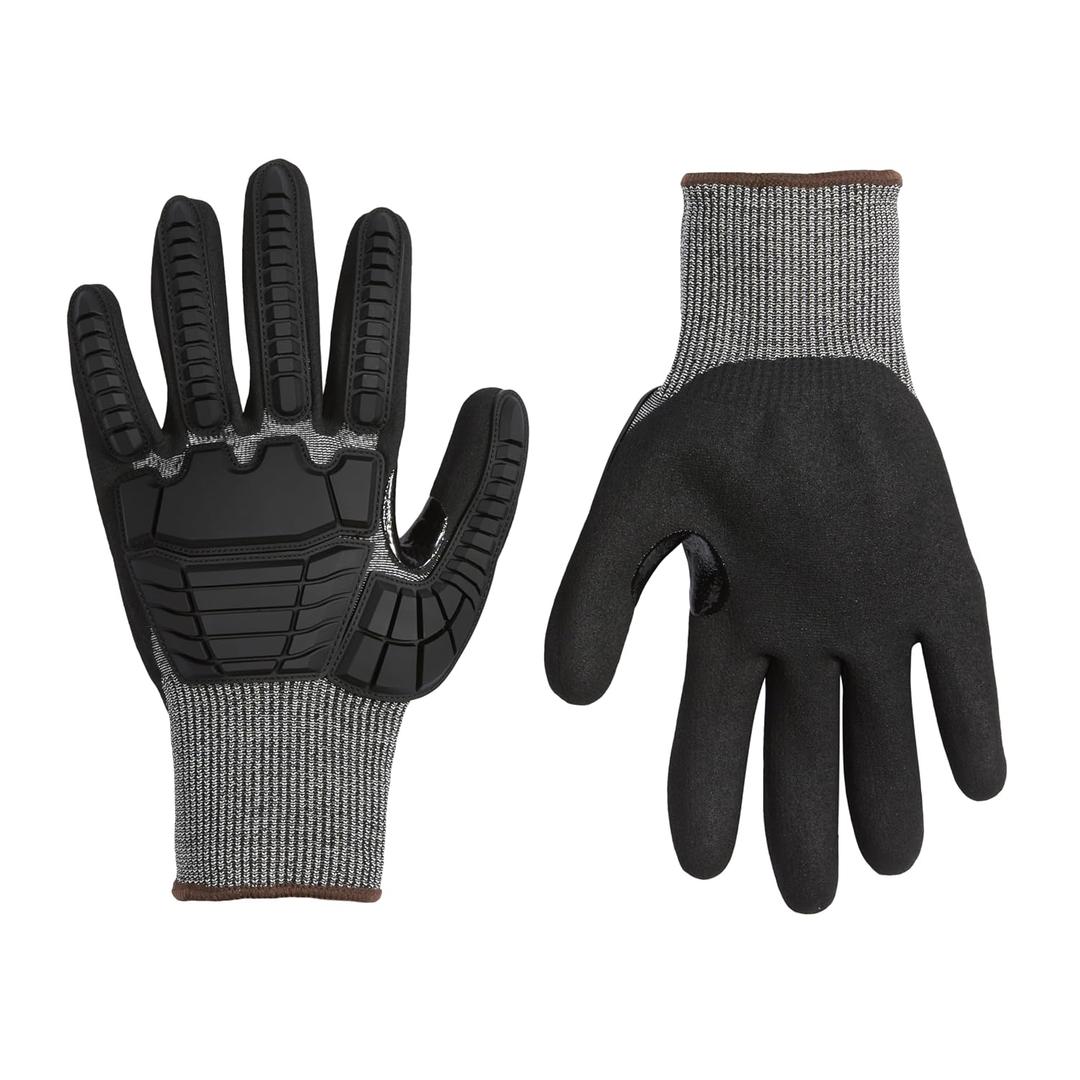 Amazon Basics Impact Protection Work Gloves - Cut Level A2, ANSI Level 4 Abrasion, Touchscreen Compatible, 15G Sandy Nitrile Palm, X-Large, 100 Pack, Black with Brown Edge