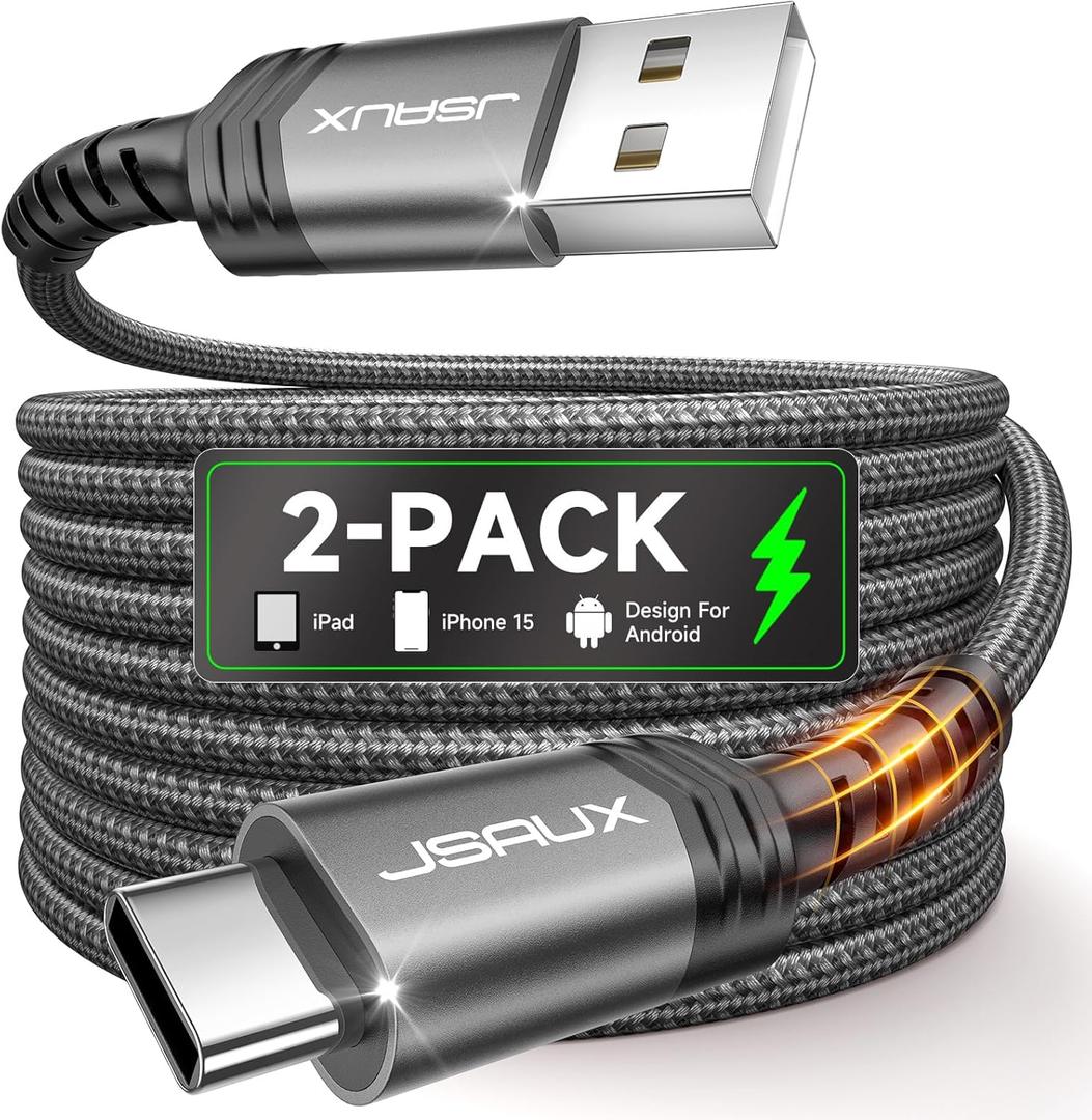 JSAUX USB C Cable [2-Pack 6.6ft], USB A to USB Cord Fast Charging for iPhone Air, iPhone 17, iPhone 17 Pro, iPhone 17 Pro Max, iPhone 16/iPhone 15 Series, Samsung S20 S10, Note 20 10, Car Play-Grey