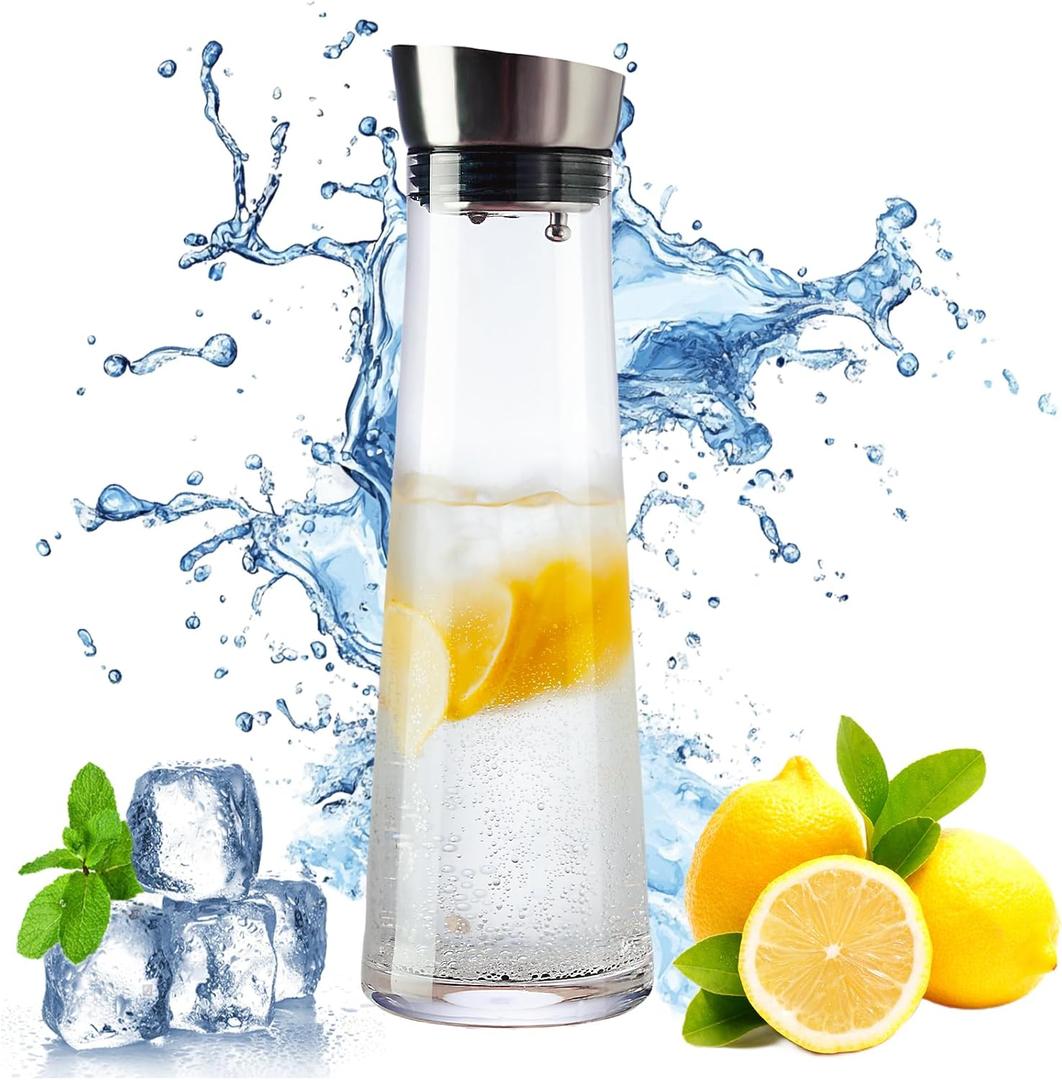 GLASKEY Glass Water Carafe with Lid,1200ml Glass Juice Pitcher with Stainless Steel Gravity Lid,Clear Water Pitcher for Ice Tea, Lemonade, Coffee,Juice Beverage,40 oz (Transparent)