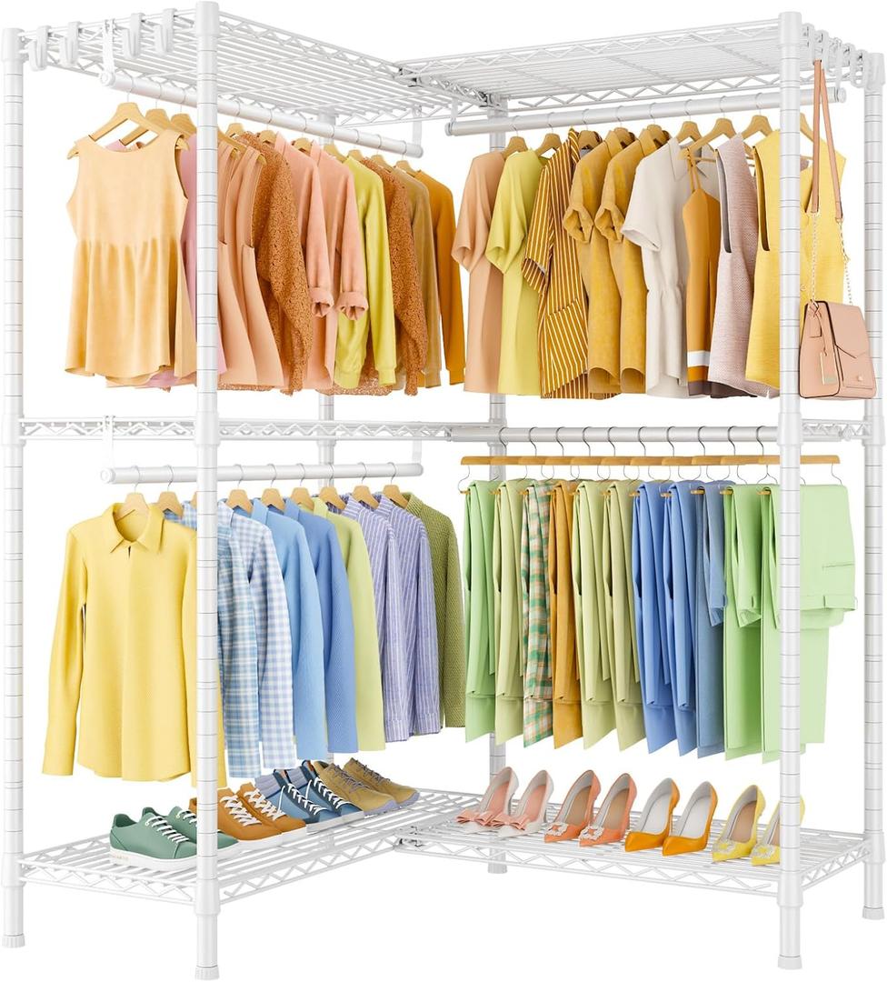 ULIFHOME E15 Garment Rack L Shaped Clothes Rack for CornerFreestanding Clothing Racks for Hanging ClothesHeavy Duty Closet Organizer with 4 Hanging Rods & 8 S Hooks43.4" W x 15.8" D x 78.4" HWhite