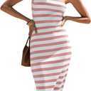 Saodimallsu Womens Bodycon Midi Tube Dress Summer Strapless Striped Long Casual Party Knit Dresses with Back Slit (Small, Pink)