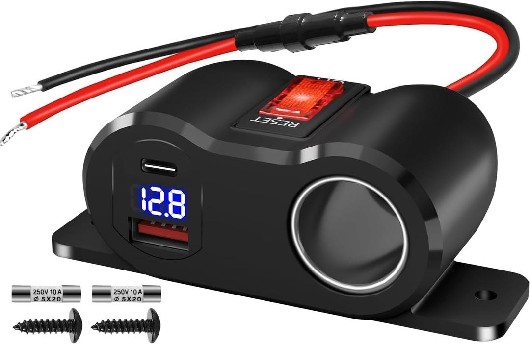 120W QC3.0 &PD3.0 Outlet Cigarette Lighter Socket Splitter with LED Voltmeter/Rocker, 12V Car Charger Power Adapter Replacement Plug Female for RV Marine Boat Motorcycle Truck ATV UTV Van (3*10A Fuse) (1P)