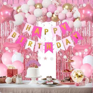 Pink Gold Birthday Party Decorations, Happy Birthday Banner, Pink Fringe Curtain, Heart Star Foil Confetti Balloons, Hanging Swirls for Women Girls Birthdays Princess Party