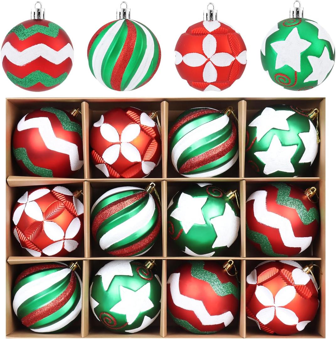 4 Inch Red and Green Christmas Ornaments for Tree, 12Pcs Large Christmas Ball Ornaments, Shatterproof Big Indoor & Outdoor Xmas Tree Decorations for Holiday Malls (Red & Green)