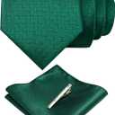 RBOCOTT Solid Color Tie Woven Classic Formal Mens Necktie and Pocket Square with Tie Clip Set (Dark Green365)