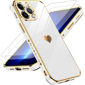 LeYi for iPhone 13 Pro Max Case: with Tempered Glass Screen Protector [2 Pcs]+ Full Camera Lens Protection,Love Heart Plating Women Cute Luxury Soft TPU Shockproof Case for 13 Pro Max,White