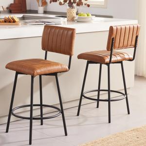 Swivel Counter Height Bar Stools with Back Set of 2, Upholstered 26'' Counter Stools with Metal Frame, Faux Leather Cognac