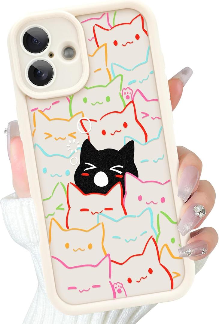 Cute Case for iPhone 16 Plus Case with Coloful and Black Cats Cat Pattern Design for Women Girls Boys, Aesthetic Kawaii Animal Soft Bumper Drop Protection Protective Phone Cover, White