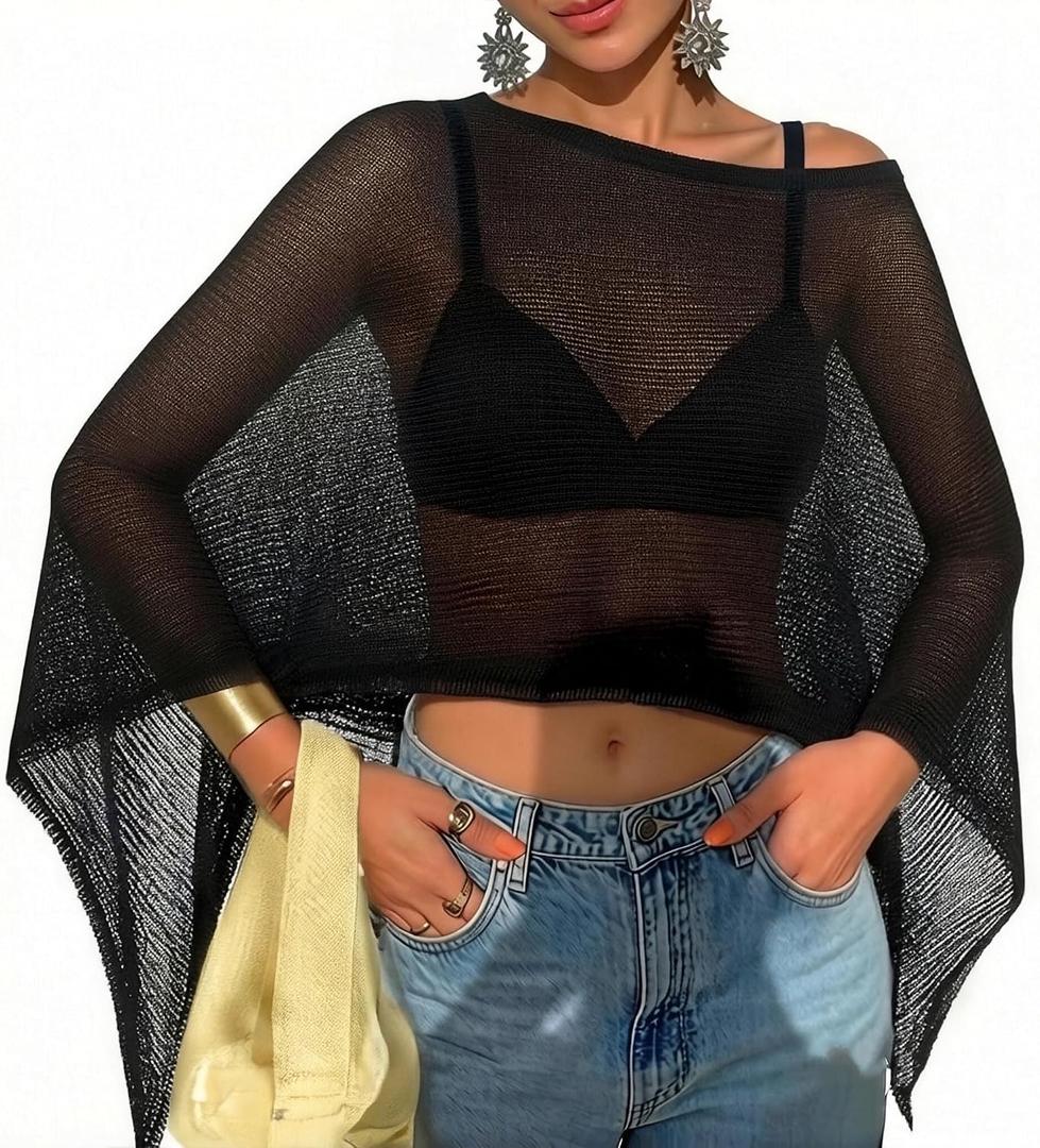 Moss Rose Women's Sheer Poncho Top Lightweight Knit Crochet Cover Up (Black)