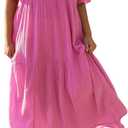 R.Vivimos Womens Summer Cotton Flowy Maxi Dress Short Sleeve V Neck Empire Waist Boho Tiered Ruffle Casual Loose Long Dresses (XL, Pink)