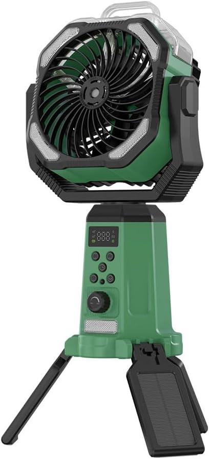 Solar Camping Fan with Mist, 20000mAh Rechargeable Battery Powered Outdoor Fan with LED Light & Remote Control, Oscillating Portable Fan with Tripod Stand for Camping, Tent, Patio, Power Outage, Medium